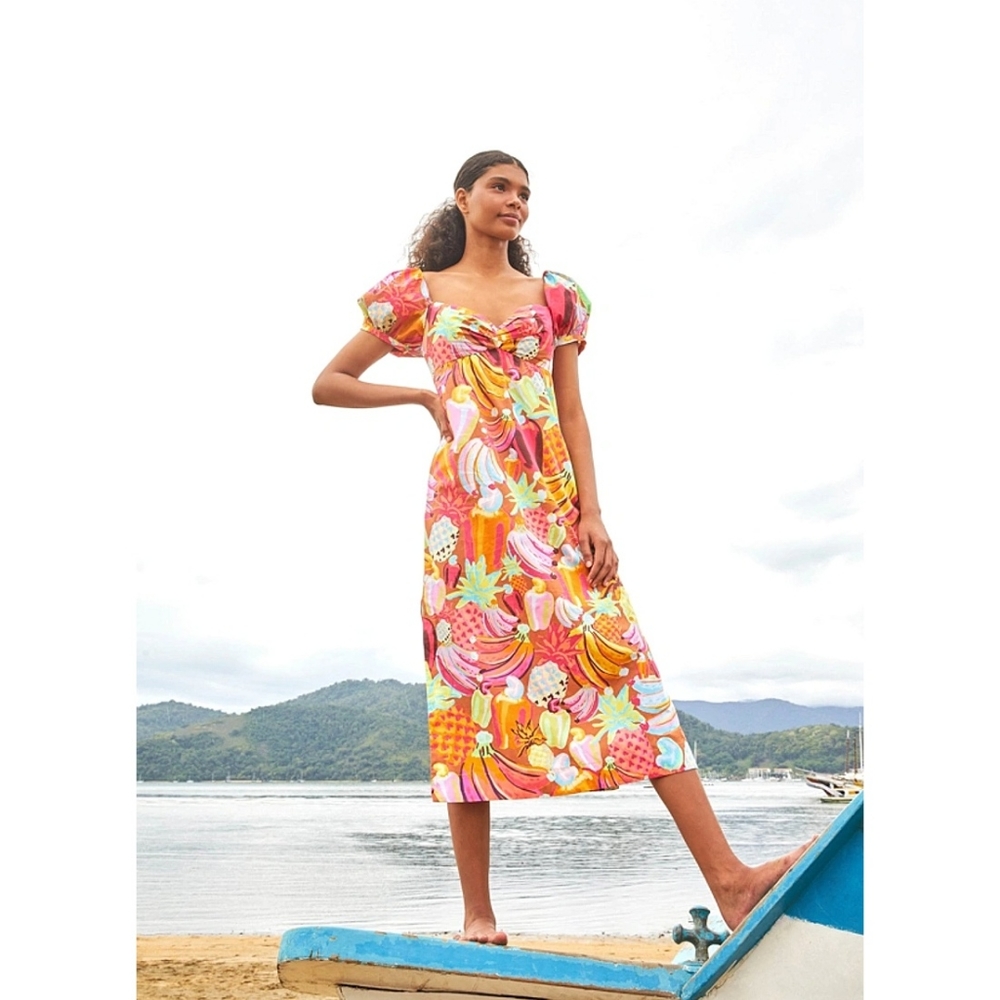 Farm Rio Fruit Salad Pastel Maxamilist Puff Sleeve Fruit Hearts Print Maxi Dress - Picture 2 of 14